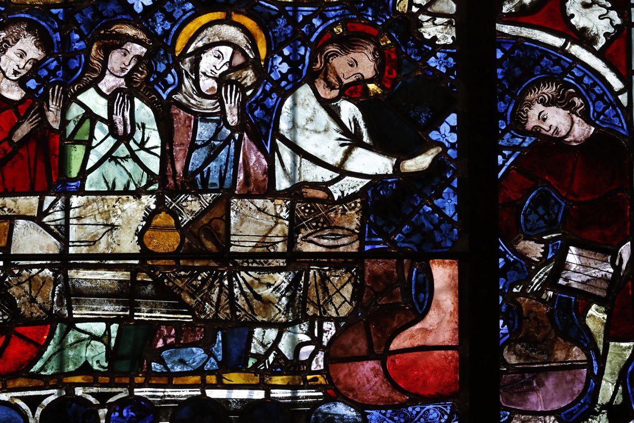 A Catedral de Nossa Senhora de Estrasburgo. Janela de vidro manchado. A transformação da água em vinho no Casamento em Caná. Século XIV. Estrasburgo. França. de Unbekannt