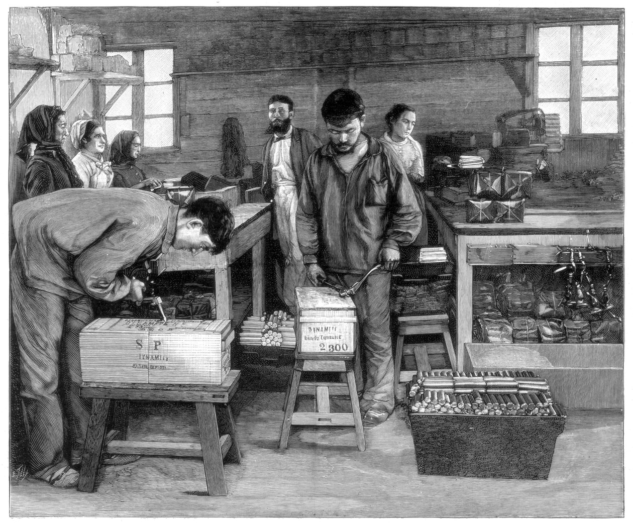 Embalando cartuchos em caixas em Isleten, perto de Fluelen, Suíça, 1893 de Unbekannt