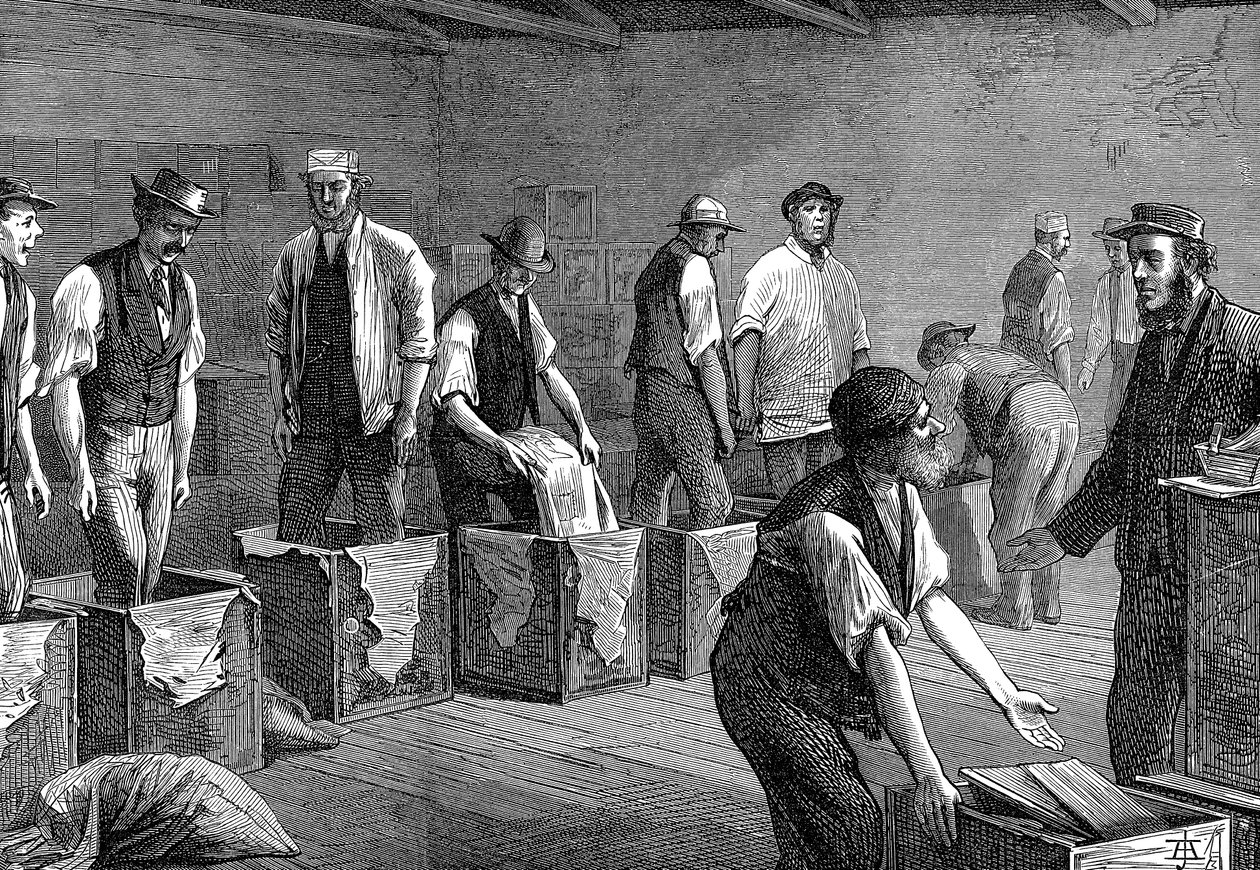 Embalagem de chá nos armazéns da East & West India Dock Company, Londres, 1874 de Unbekannt