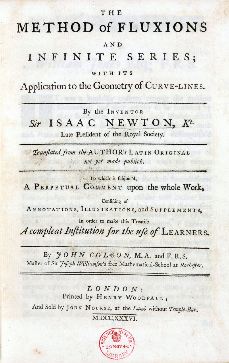 Página de Isaac Newton, "O método dos fluxos e séries infinitas" (1642-1727), publicado em Londres em 1736, incluindo as principais teorias que influenciaram a ciência em grande medida: o teorema binomial, as três leis universais do movimento e a de Unbekannt