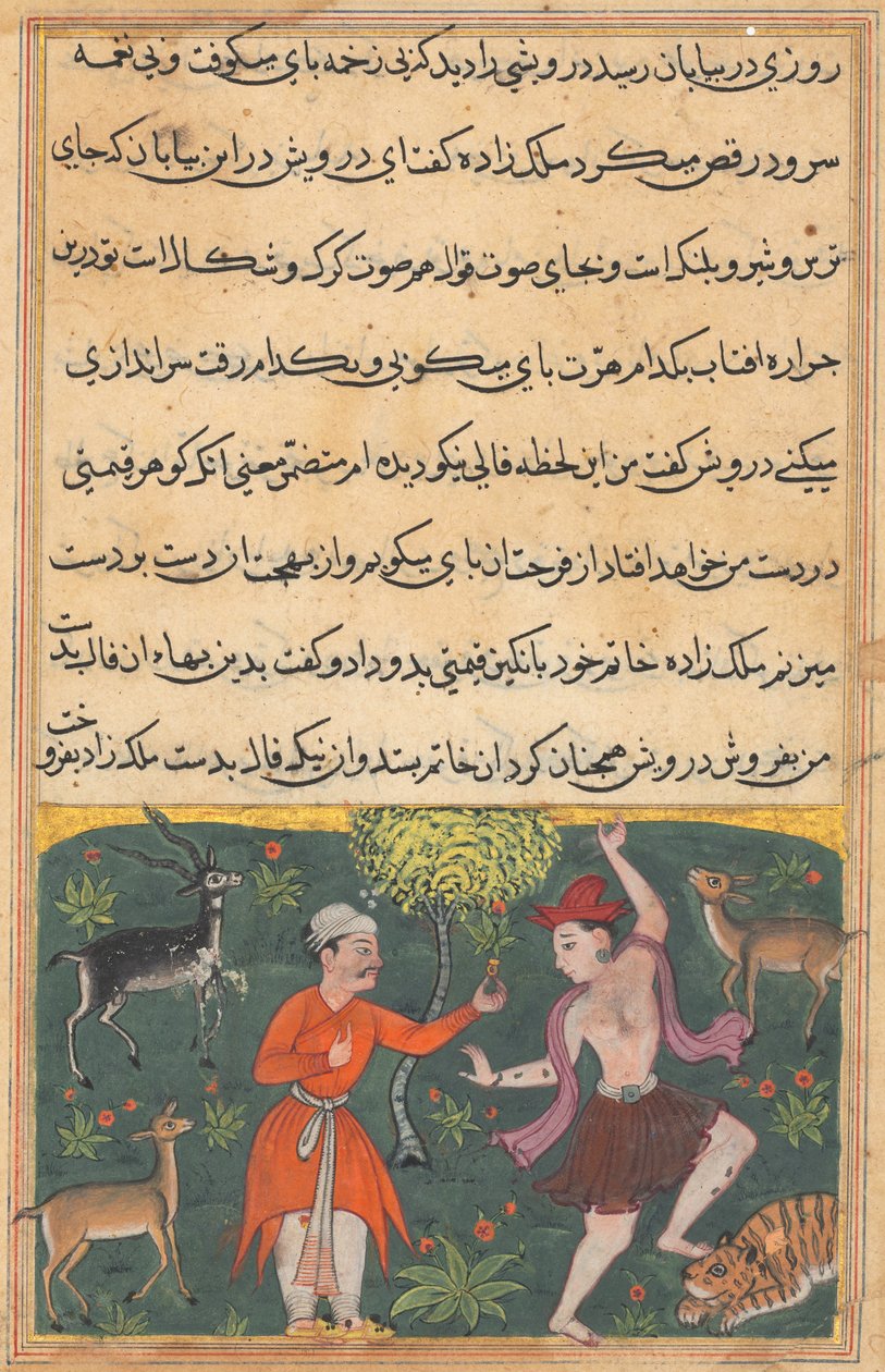 Página de Contos de um papagaio Tuti-nama: Décima oitava noite: O príncipe se encontra ..., c. 1560 de Unbekannt