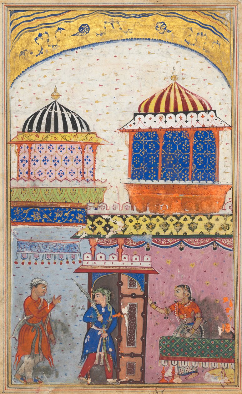 Página de Contos de um papagaio Tuti-nama: Oitava noite: Uma mulher pede que seu amante saia ..., c. 1560 de Unbekannt