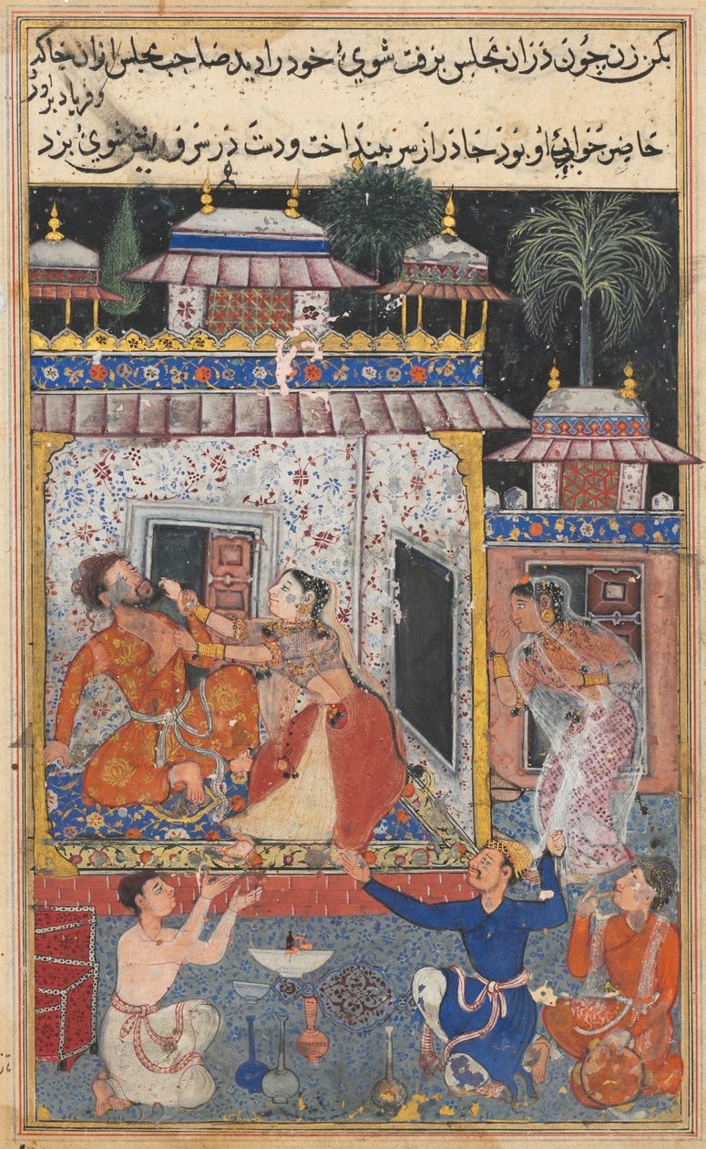 Página de Contos de um papagaio Tuti-nama: Oitava noite: A esposa enganosa agride, c. 1560 de Unbekannt