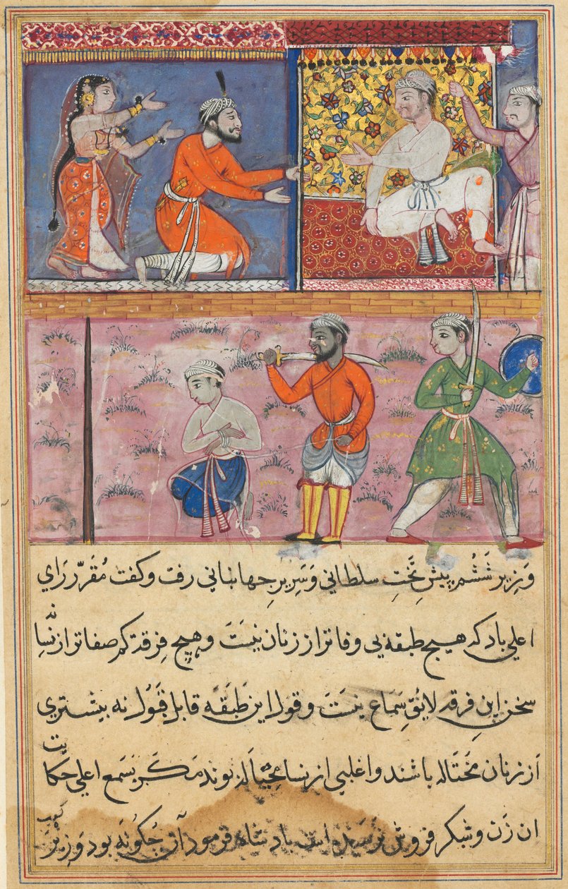 Página de Contos de um papagaio Tuti-nama: Oitava noite: O príncipe enviado de volta ao local ..., c. 1560 de Unbekannt