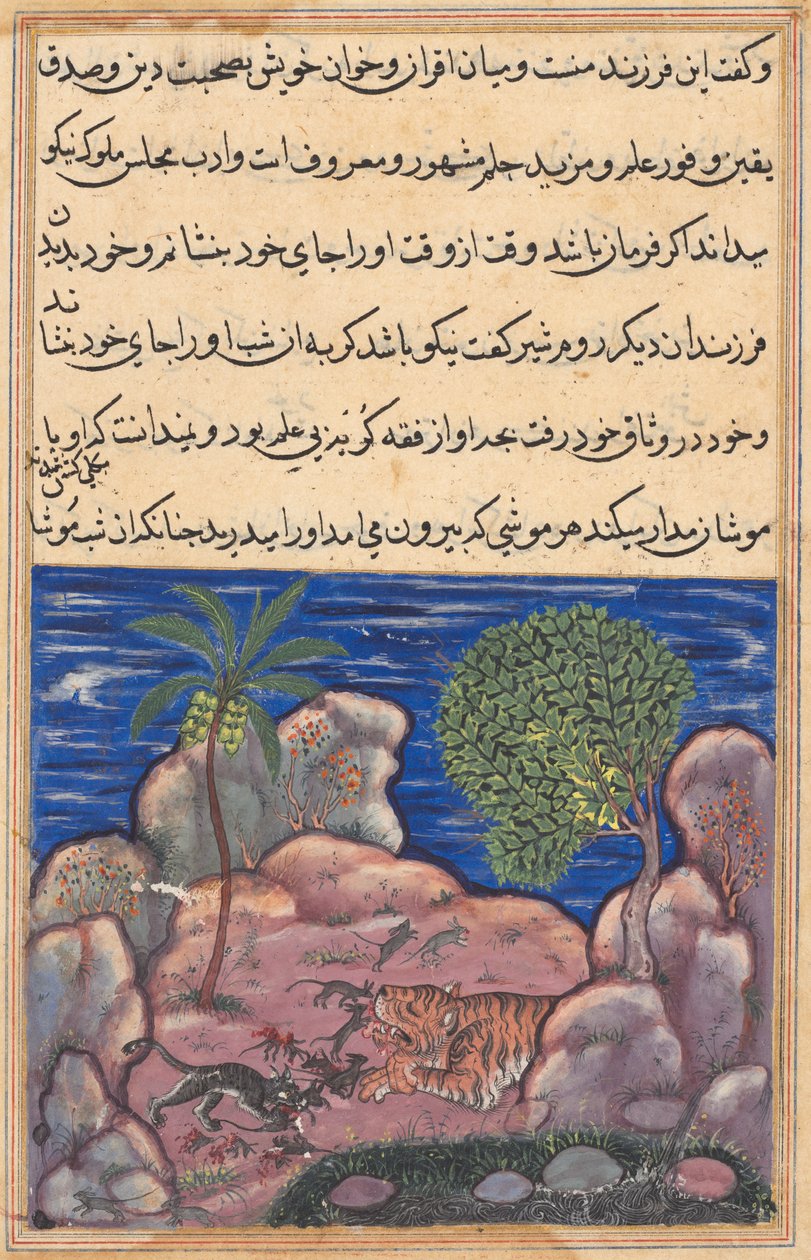 Página de Contos de um papagaio Tuti-nama: Décima quinta noite: O gato ataca os ratos ..., 1558-1560. de Unbekannt