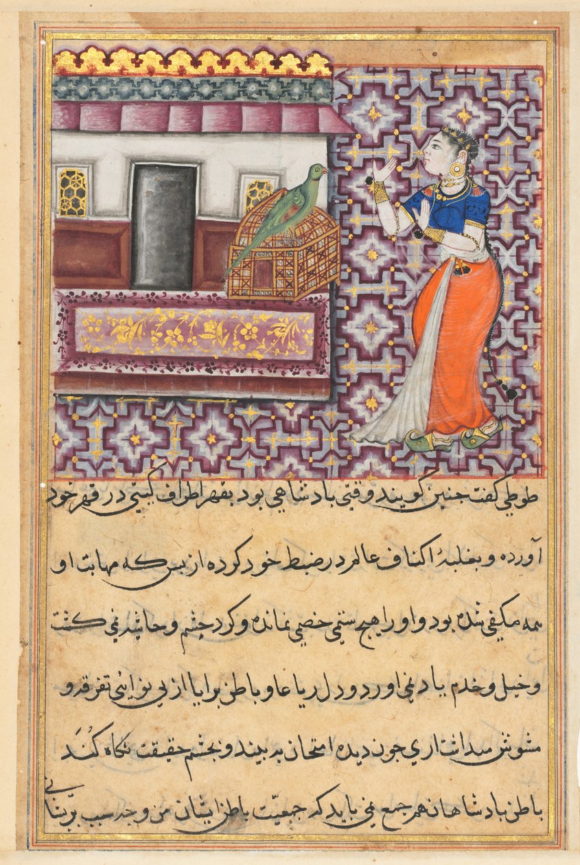 Página de Contos de um papagaio Tuti-nama: Quinquagésima noite: O papagaio se dirige a Khujasta ..., c. 1560 de Unbekannt