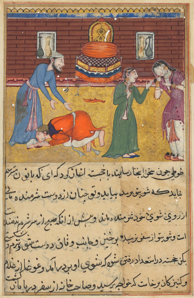 Página de Contos de um papagaio Tuti-nama: Cinquagésima segunda noite: O filho do piedoso ..., c. 1560 de Unbekannt