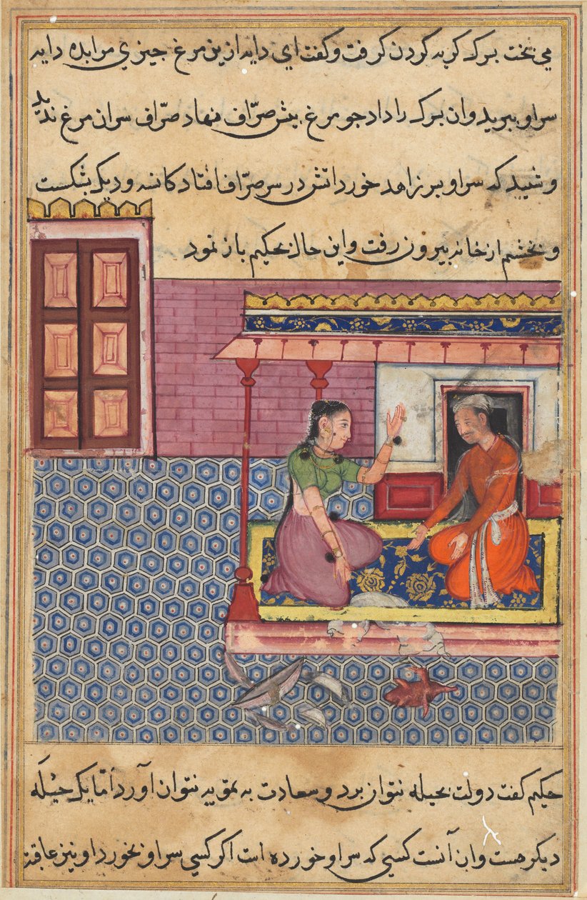 Página de Contos de um papagaio Tuti-nama: Cinquagésima segunda noite: A esposa do piedoso ..., c. 1560 de Unbekannt