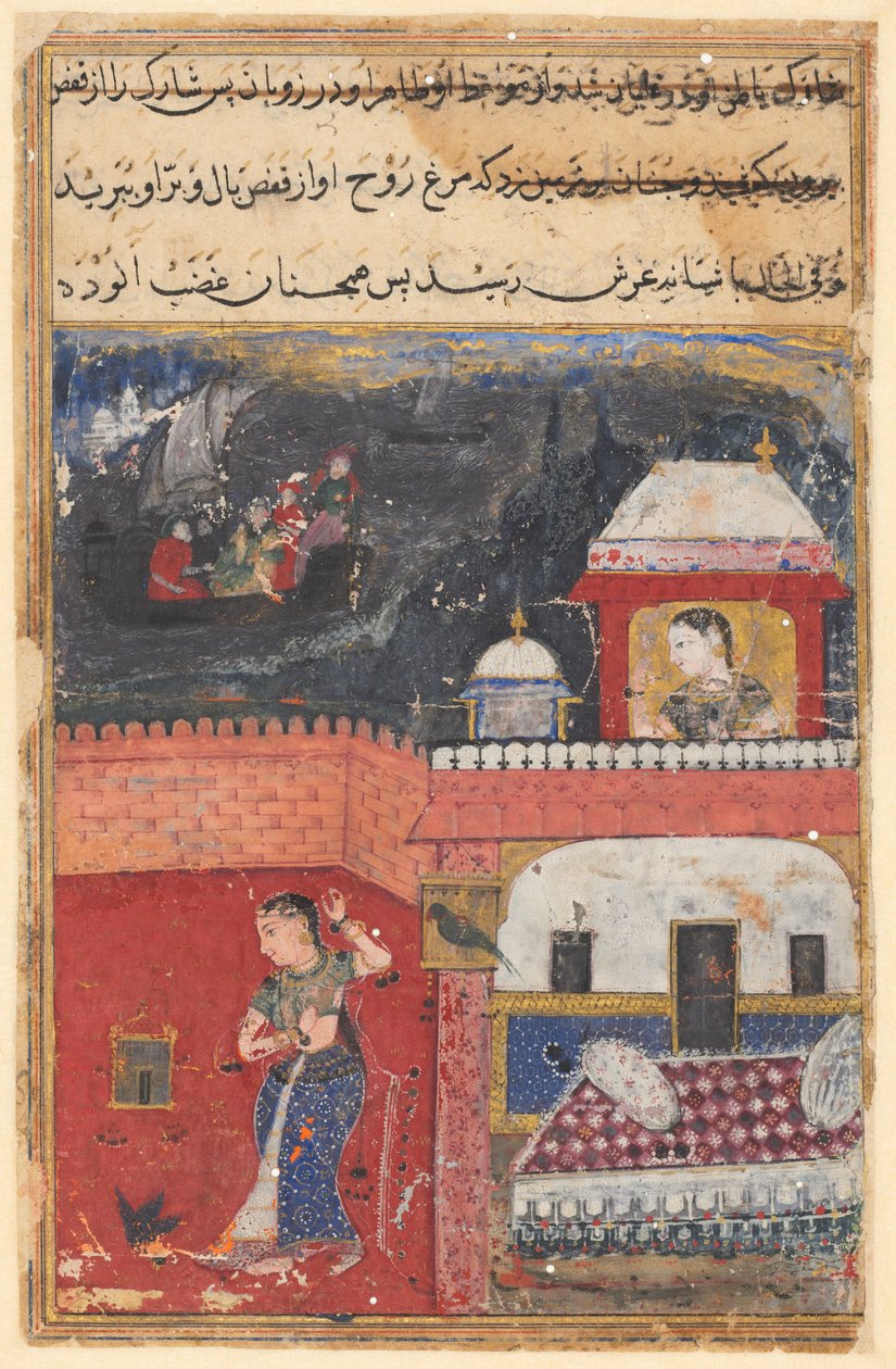 Página de Contos de um papagaio Tuti-nama: Primeira noite: Khujasta mata o animal de estimação myna ..., c. 1560 de Unbekannt