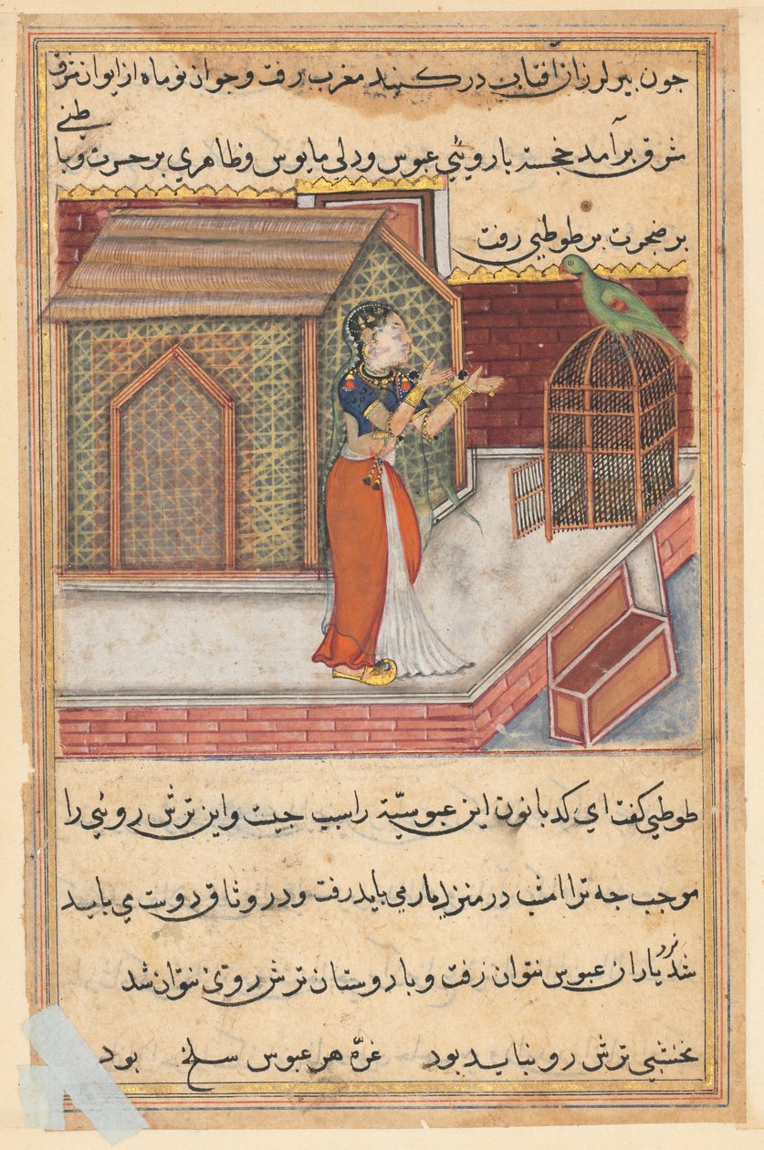 Página de Contos de um papagaio Tuti-nama: Quadragésima nona noite: O papagaio se dirige a Khujasta ..., c1560. de Unbekannt