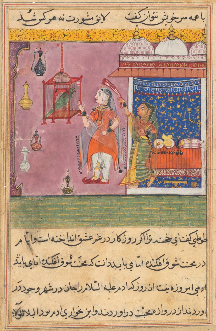 Página de Contos de um papagaio Tuti-nama: Décima nona noite: O papagaio se dirige ..., c. 1560 de Unbekannt