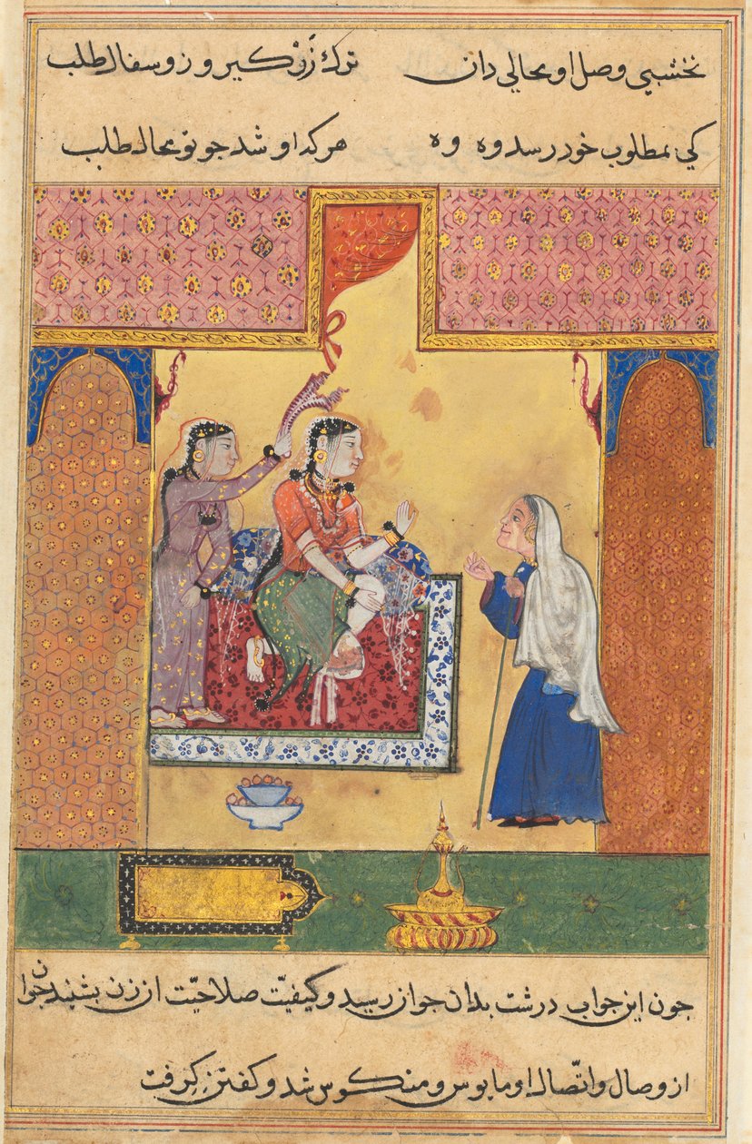 Página de Contos de um papagaio Tuti-nama: Décima sétima noite: A velha procuradora ..., c. 1560 de Unbekannt
