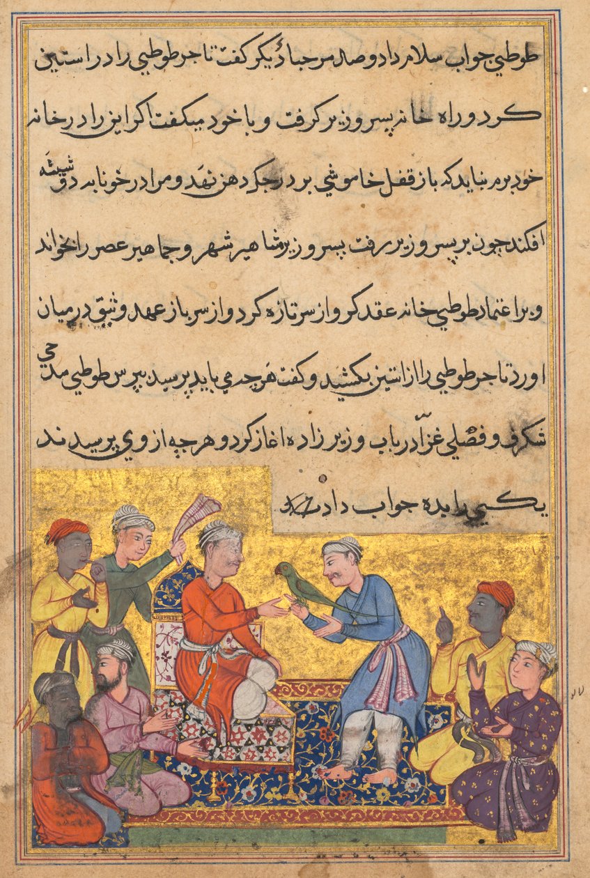 Página de Contos de um papagaio Tuti-nama: Décima noite: O papagaio mágico dos mercadores, c. 1560 de Unbekannt