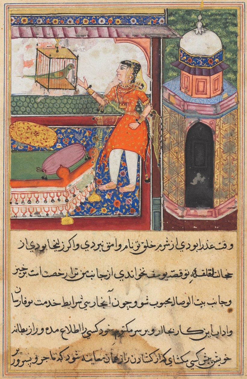 Página de Contos de um papagaio Tuti-nama: Décima noite: O papagaio se dirige a Khujasta ..., c. 1560 de Unbekannt