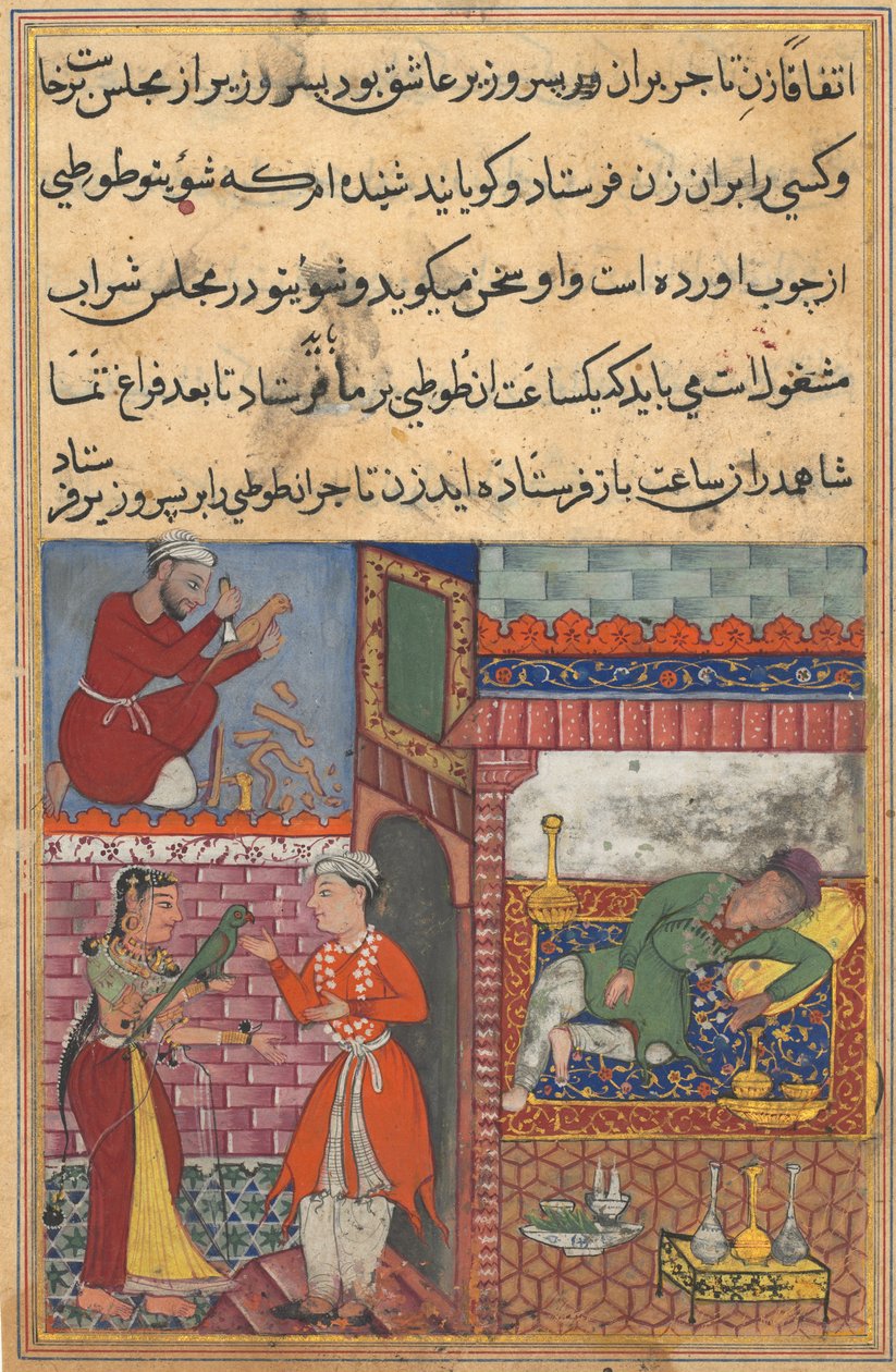 Página de Contos de um papagaio Tuti-nama: Décima noite: O filho vizir recebe a magia ..., c. 156 de Unbekannt
