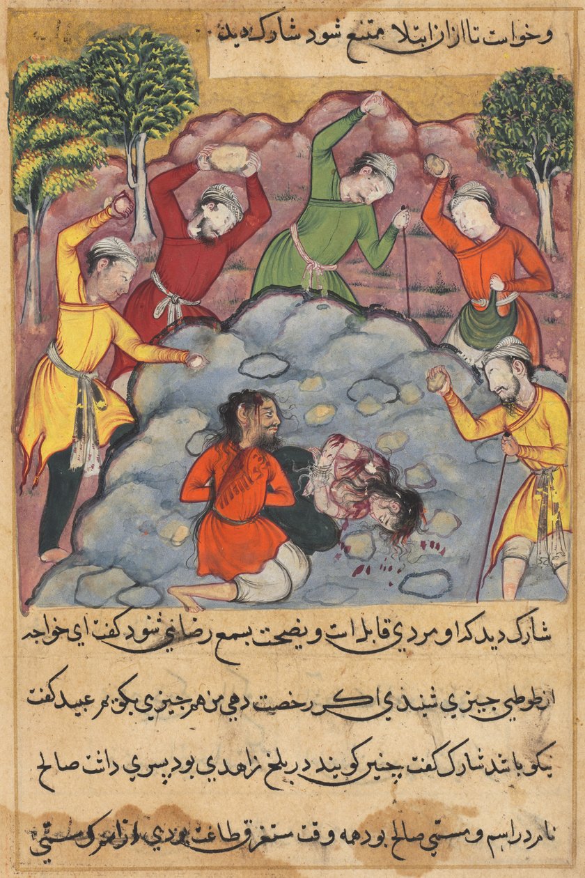 Página de Contos de um papagaio Tuti-nama: A filha de Rajas e seu amante apedrejaram ..., c. 1560 de Unbekannt