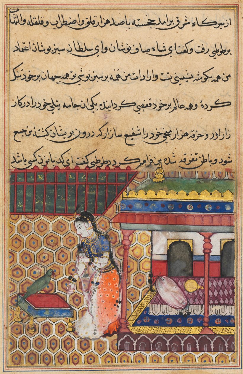 Página de Contos de um papagaio Tuti-nama: Trinta e oito noites: O papagaio se dirige a Khujasta, c1560. de Unbekannt