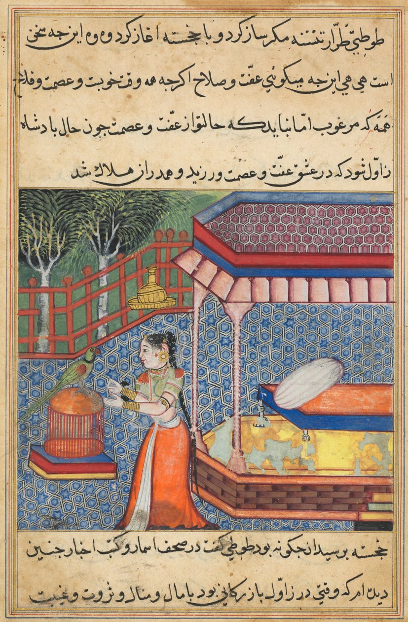 Página de Contos de um papagaio Tuti-nama: Trigésima sexta noite: O papagaio se dirige a Khujasta ..., c. 15 de Unbekannt