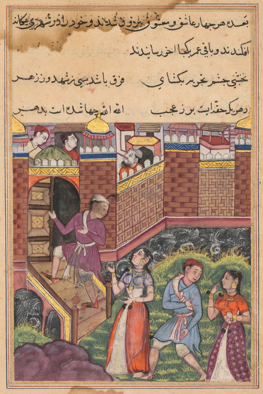 Página de Contos de um papagaio Tuti-nama: Trigésima terceira noite: Os dois casais chegam, c. 1560 de Unbekannt