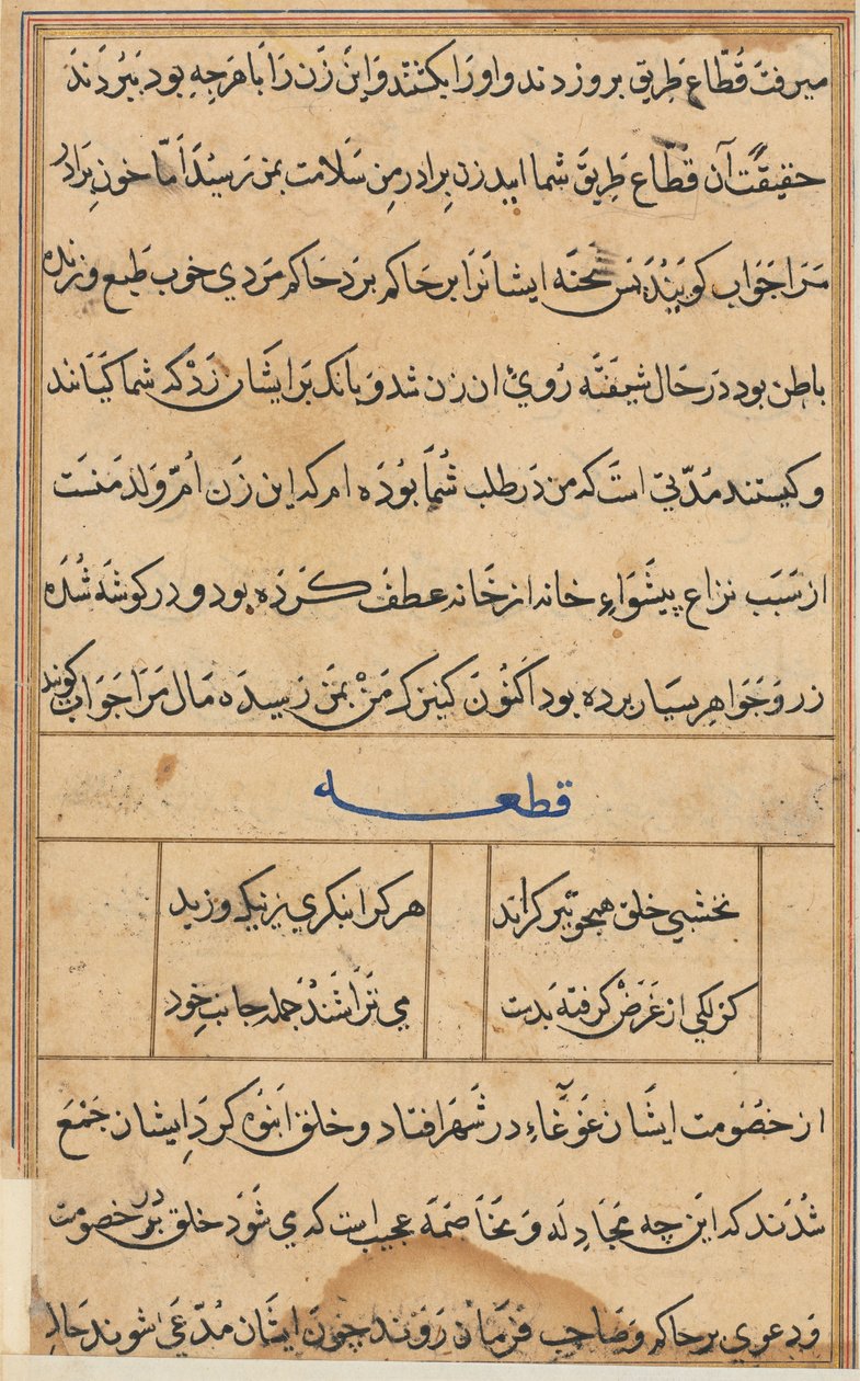Página de Contos de um Papagaio Tuti-nama: página de texto, c. 1560. de Unbekannt