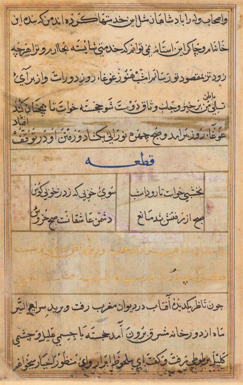 Página de Contos de um Papagaio Tuti-nama: página de texto, c. 1560. de Unbekannt
