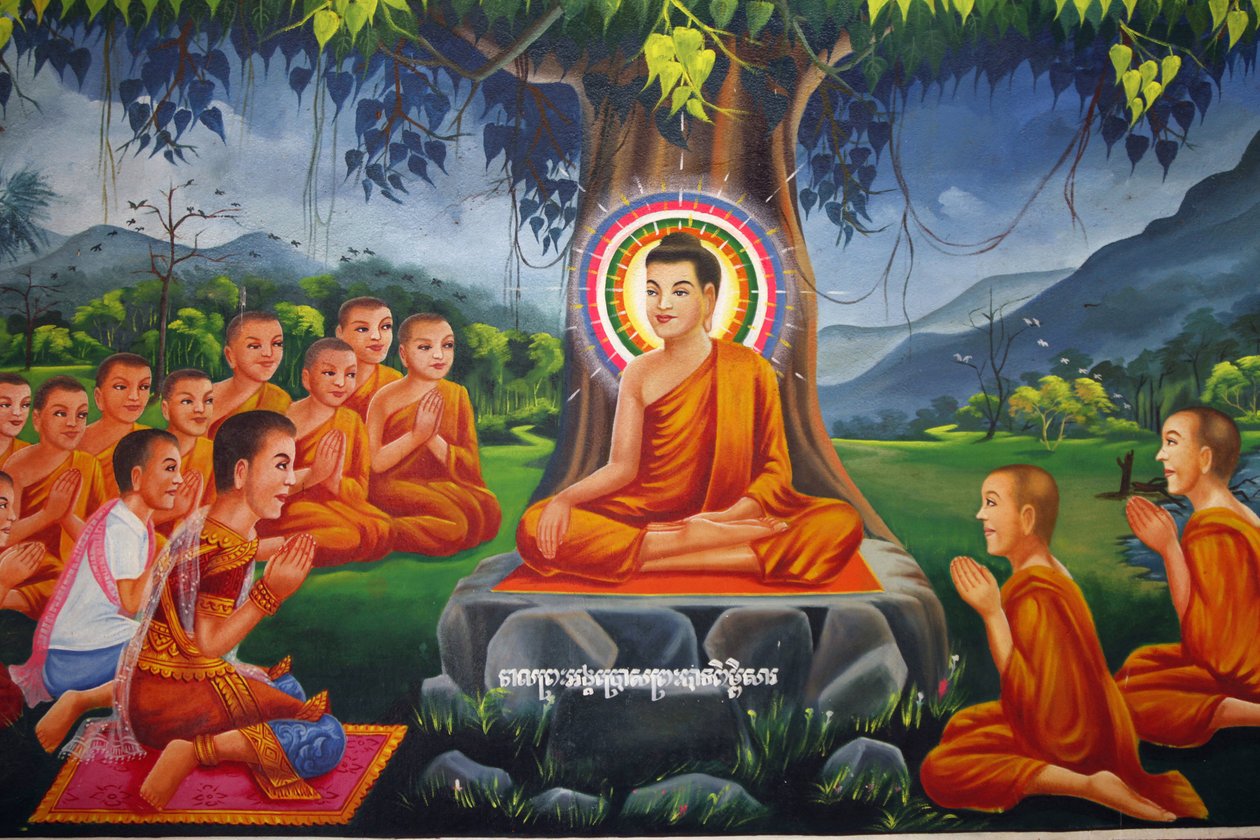Pintura representando o ensino de Buda sob uma árvore, com o Rei Bimbisara em Rajagaha Udong Cambodge de Unbekannt