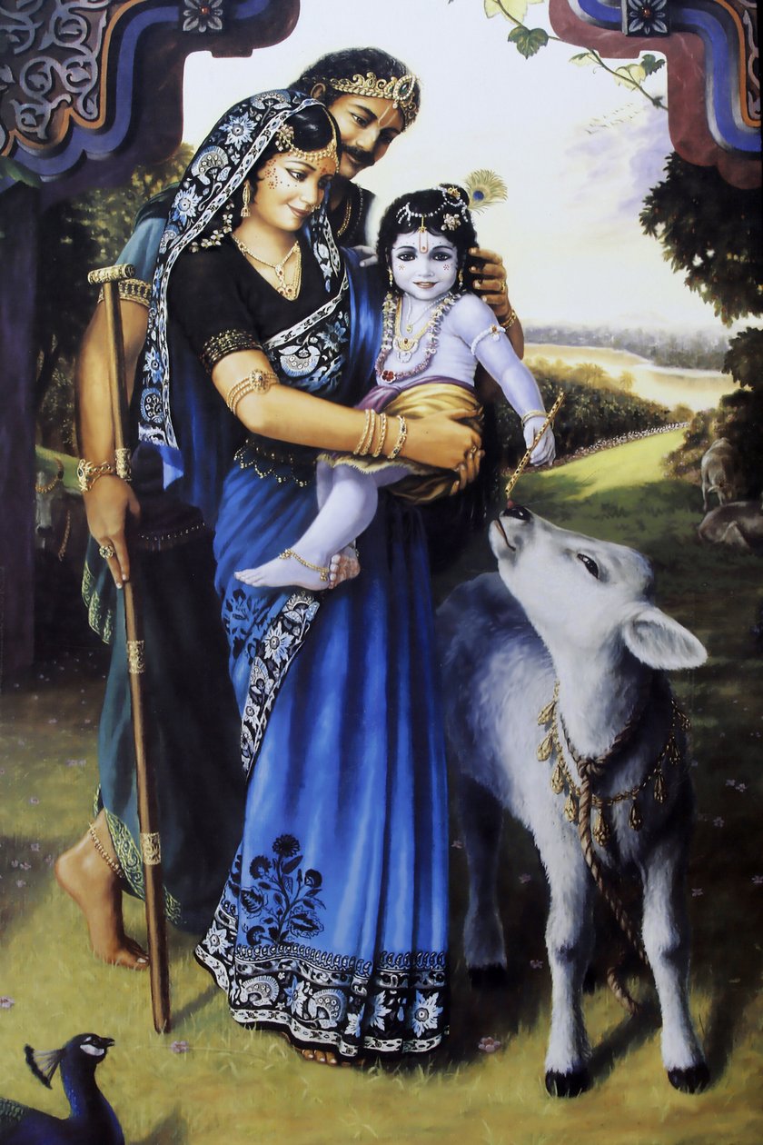Pintura retratando o deus hindu Krishna quando criança com seus pais adotivos Yashoda & Nanda. Índia de Unbekannt