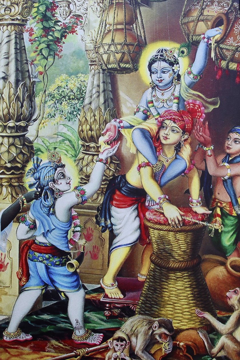 Pintando representando o deus hindu Krishnaas uma criança brincando com seus irmãos. Índia de Unbekannt