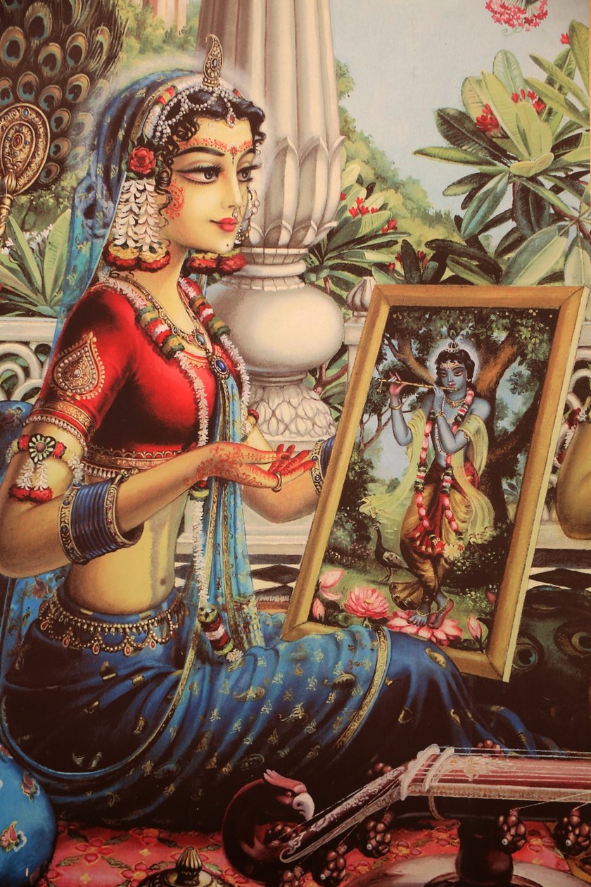 Pintura retratando Radha olhando para um quadro de Krishna. Índia de Unbekannt