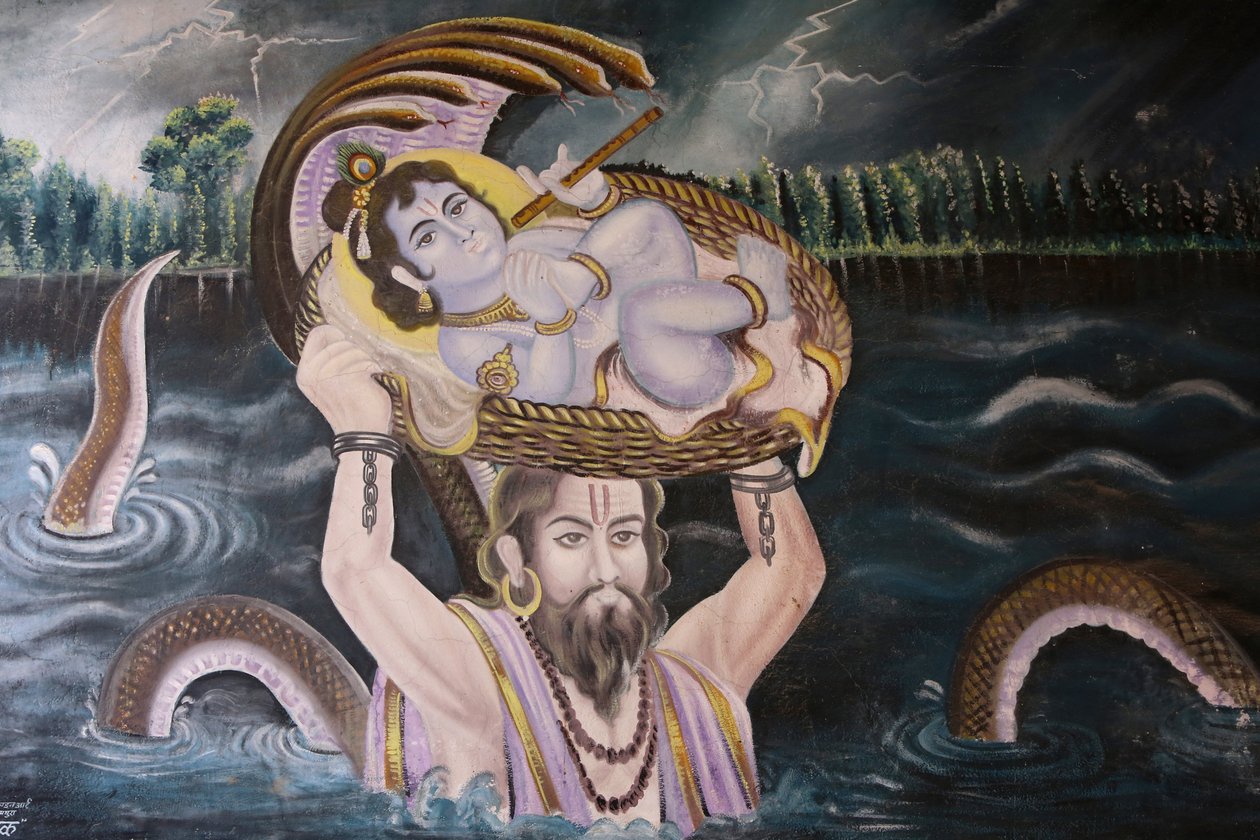 Pintura em Gokul : Krishna em bebé transportado sobre o rio Yamuna por Vasudeva. Índia de Unbekannt