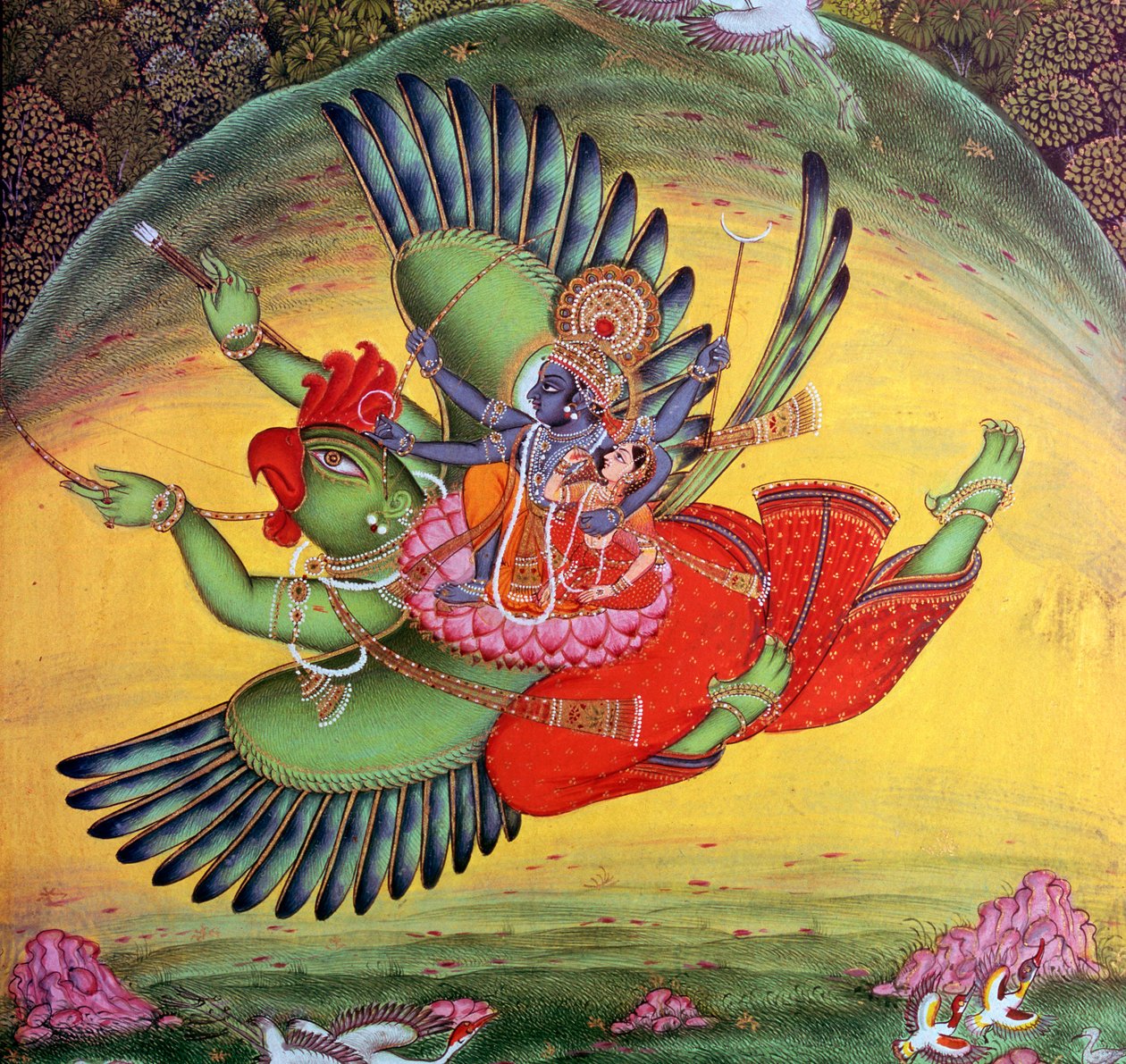 Pintura de Vishnu e sua consorte Lakshmi montando no deus-pássaro Garuda de Unbekannt