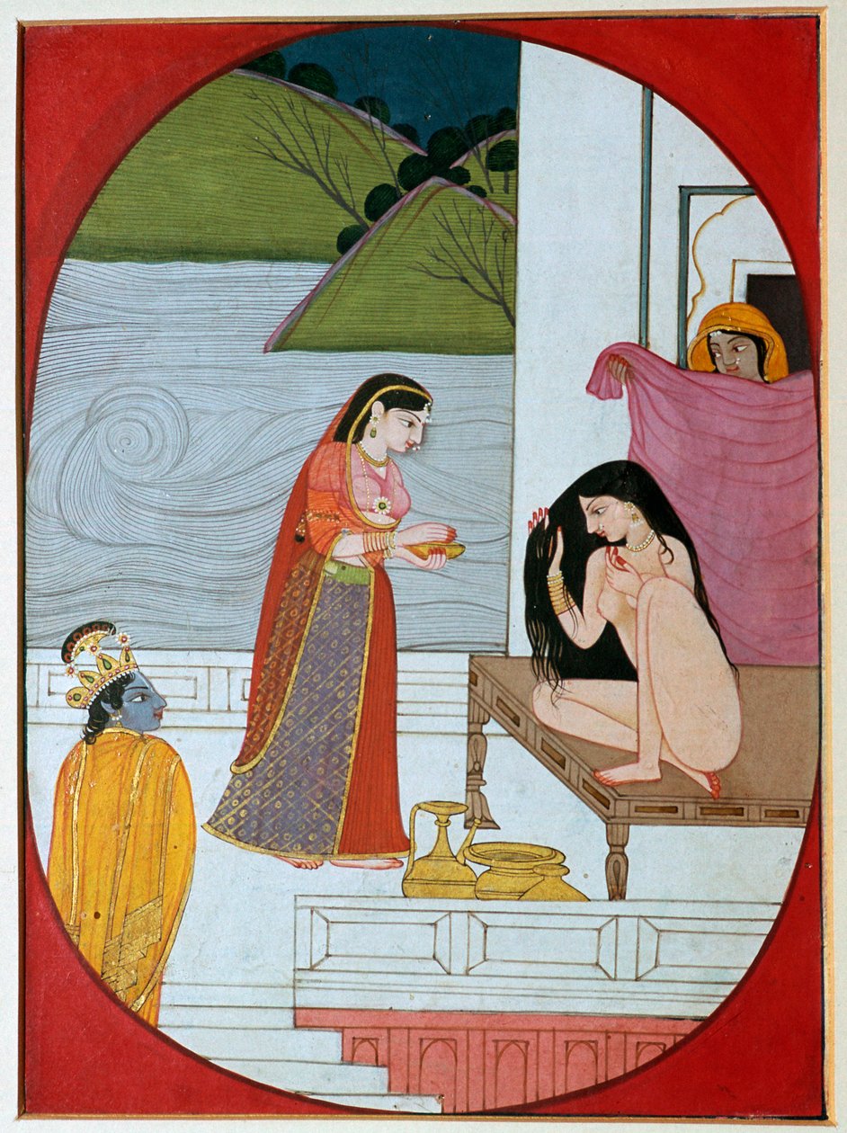 Pintura do deus Khrishna assistindo Radha em seu banho, século 19 de Unbekannt