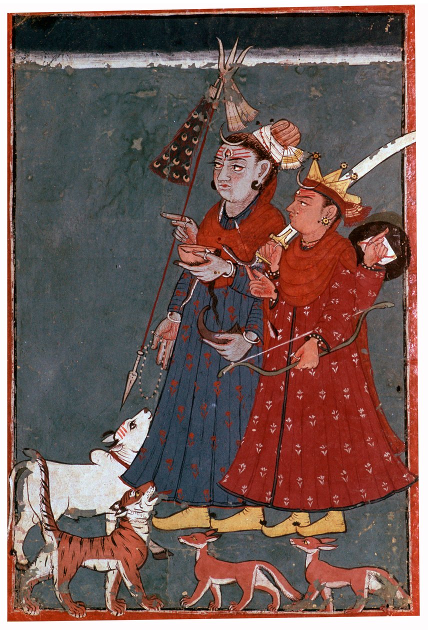 Pintura dos deuses Shiva e Krishna acompanhados por um touro, tigre e chacais de Unbekannt