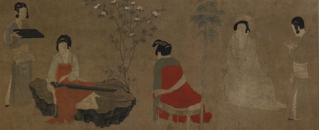 Senhoras do Palácio Afinando uma Cítara Qin, Dinastia Ming, 1368-1644. de Unbekannt