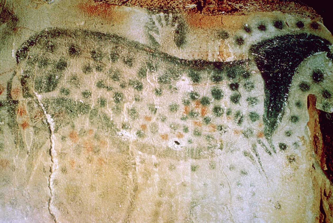 Pintura rupestre paleolítica de um cavalo e mãos humanas da França de Unbekannt