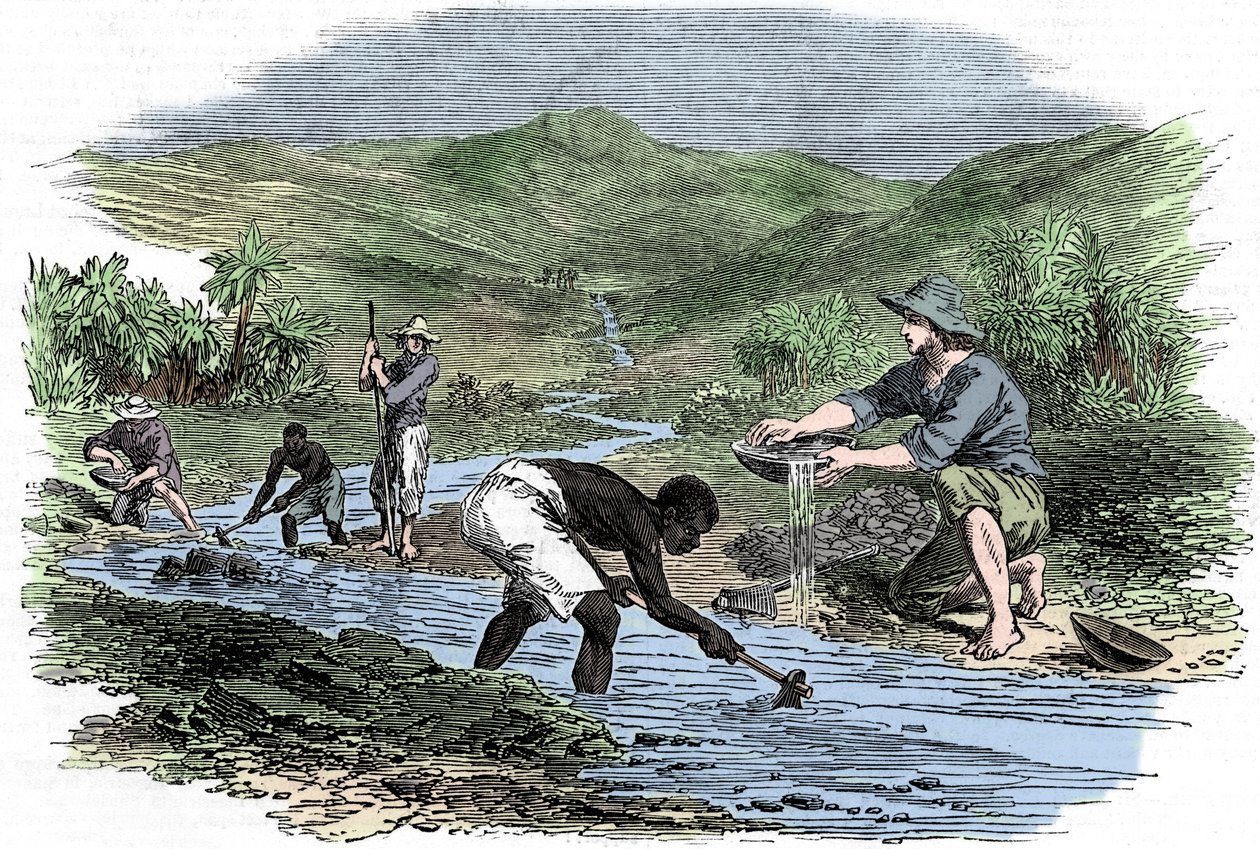 Garimpando ouro durante a corrida do ouro na Califórnia em 1849 de Unbekannt