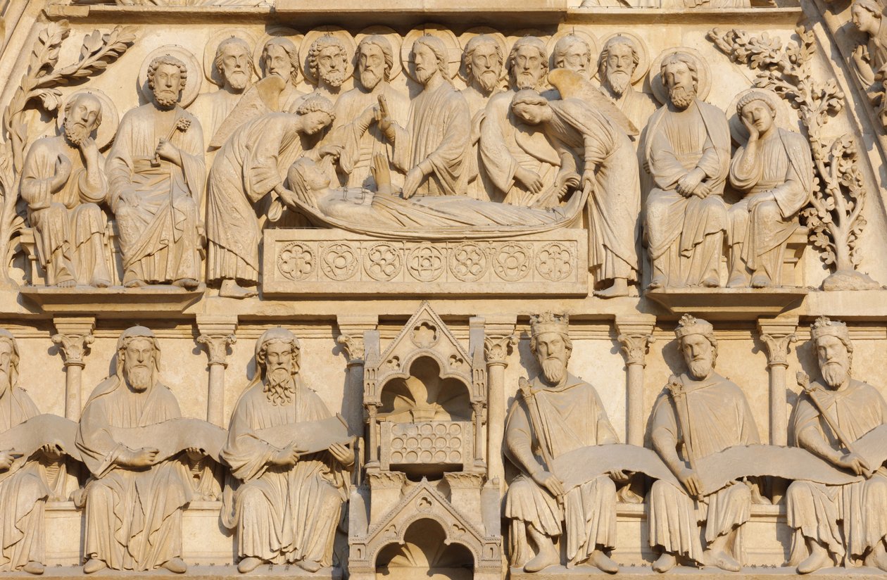 Catedral de Paris Notre Dame ala oeste : Porta da Virgem : Maria no seu leito de morte rodeada por Jesus e pelos apóstolos, Paris, França de Unbekannt
