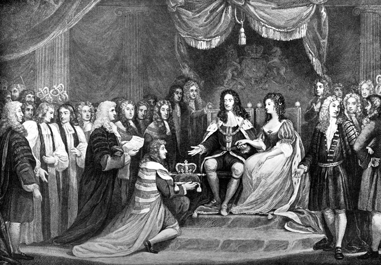 Parlamento oferecendo a coroa a William e Mary, 1689, final do século XVIII de Unbekannt