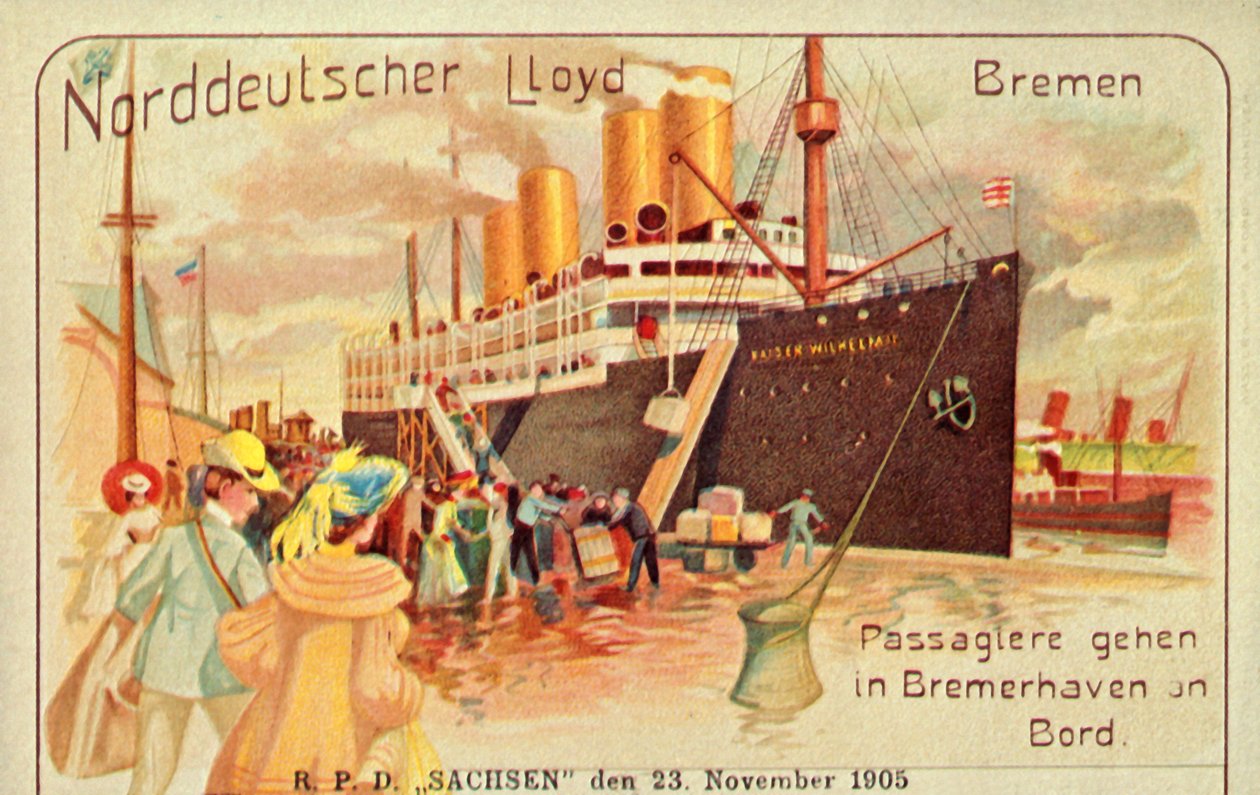 Os passageiros embarcam no gigante SS Kaiser Wilhelm II em Bremerhaven, 1905. de Unbekannt