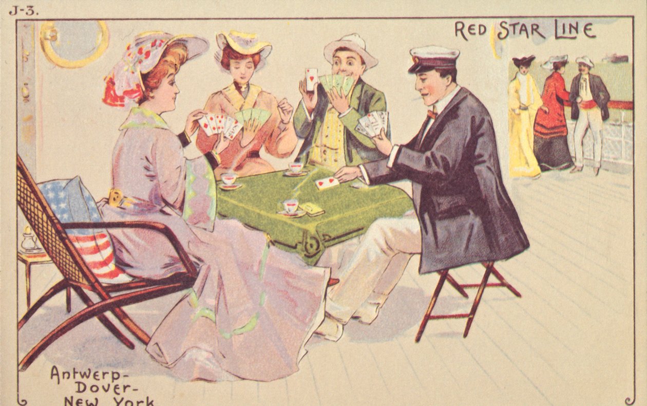 Os passageiros jogam cartas no convés de um navio da Red Star, 1907. de Unbekannt