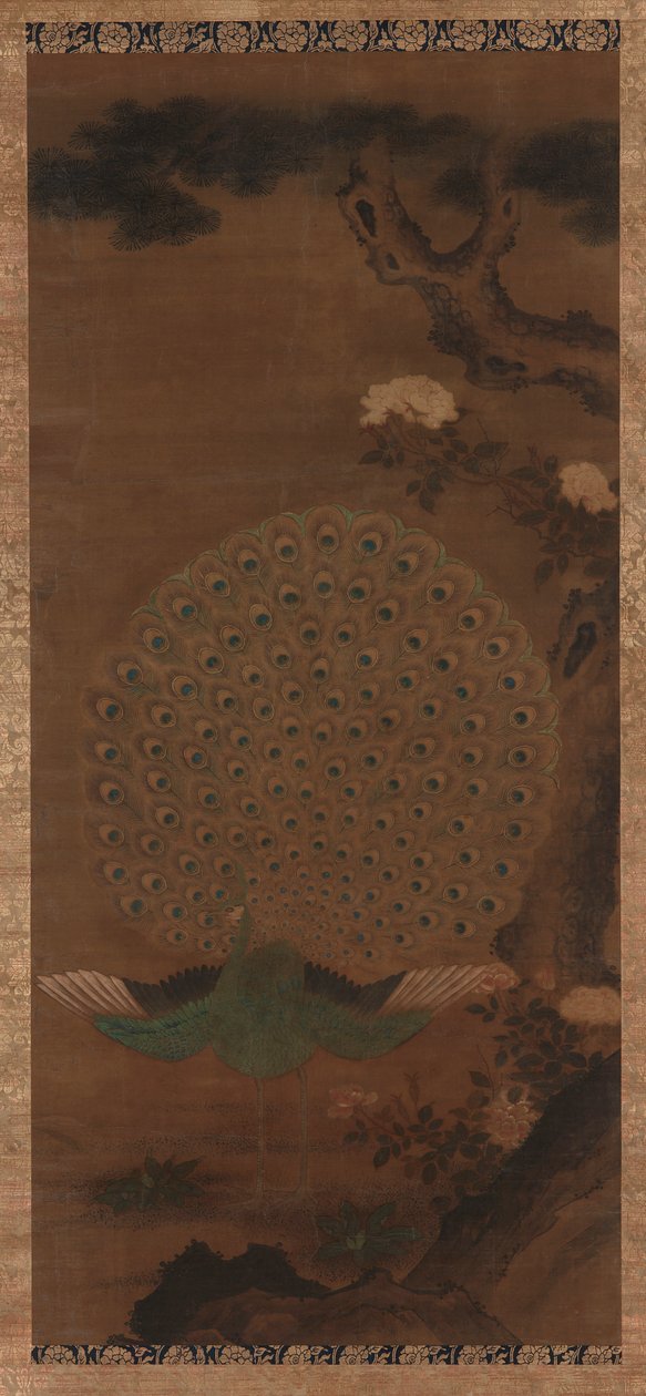 Pavão, peônias e pinheiros, período Edo, 1615-1868. de Unbekannt