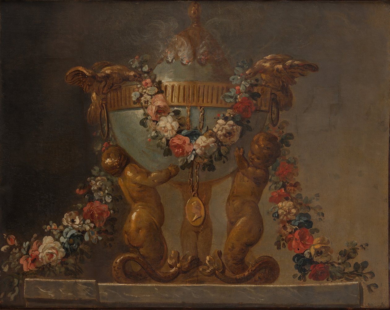 Queimador de perfume suportado por tritões bebés e guarnecido de flores, séc. XVIII. de Unbekannt