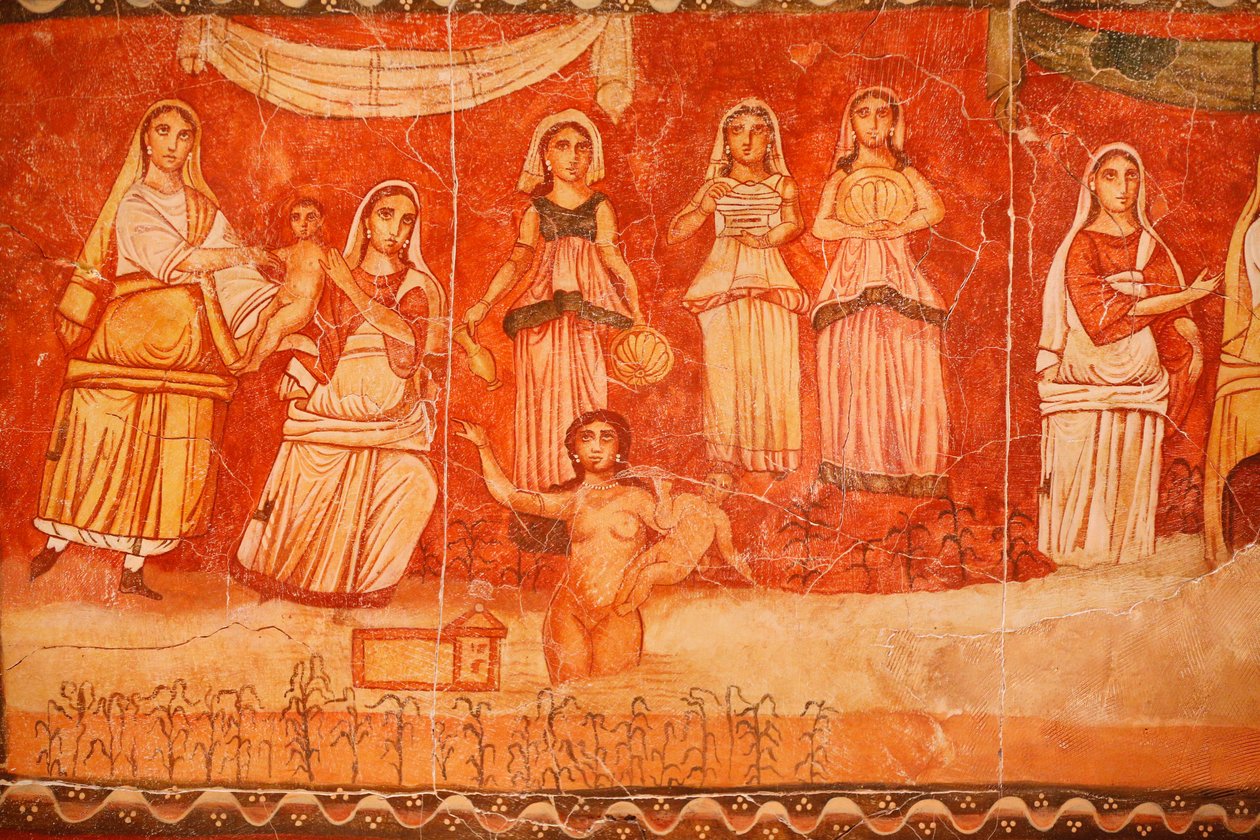 Faraó e a Infância de Moisés, afresco da Sinagoga Dura Europos, 244-245, no Museu Nacional de Damasco. Foto tirada no Museu Judaico em Nova Iorque durante uma exposição. de Unbekannt