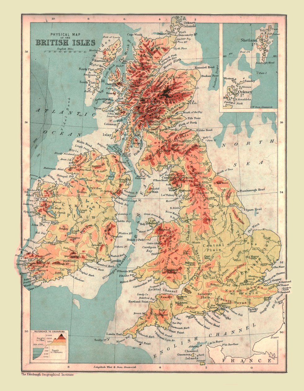 Mapa físico das Ilhas Britânicas, 1902. de Unbekannt