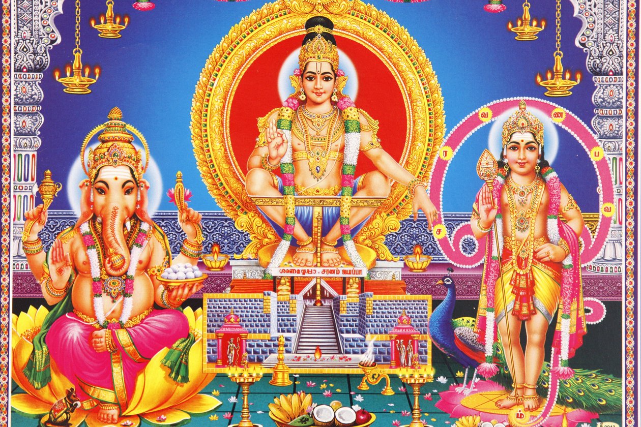Foto dos deuses hindus Ganesh, Ayappa & Subramania Índia de Unbekannt
