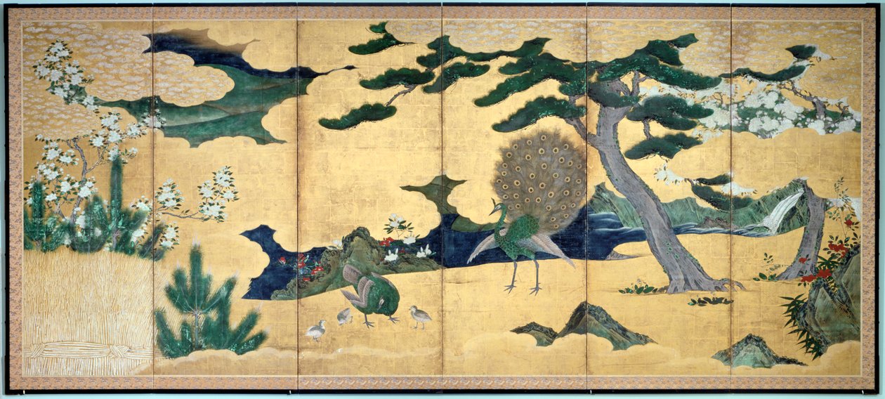 Pinheiros e pavões, período Edo japonês, início do século XVII de Unbekannt