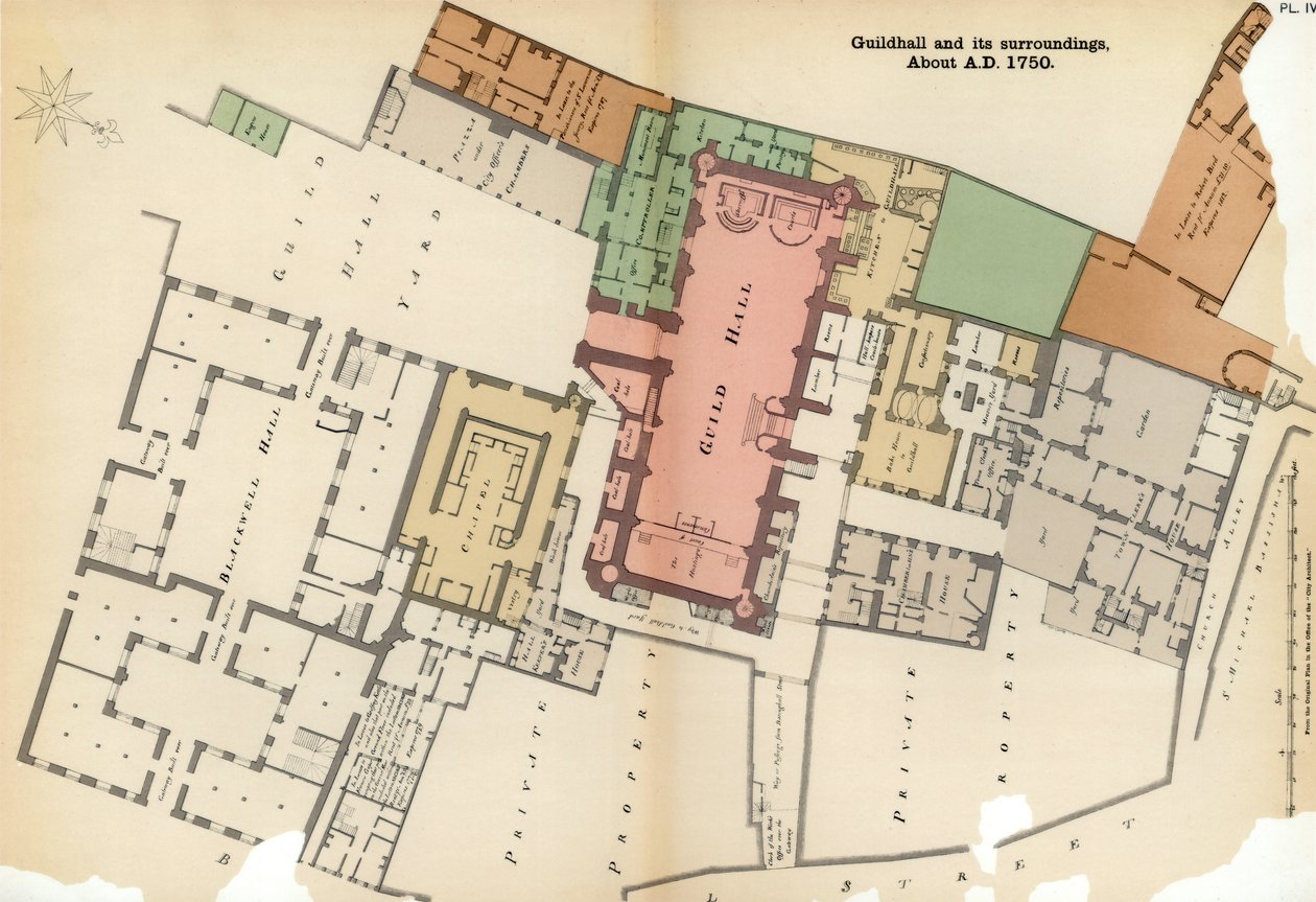 Plano de Guildhall e seus arredores, cidade de Londres, c1750 1886 de Unbekannt