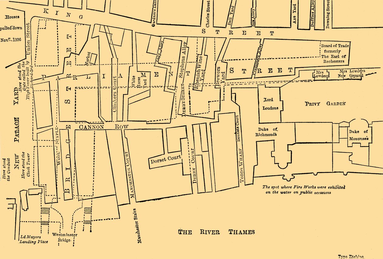 Plano de uma porção de Westminster entre 1734 e 1748 - Antes da construção da rua do Parlamento, de Unbekannt