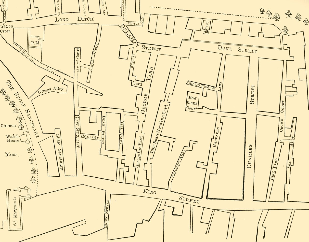 Plano de uma porção de Westminster entre 1734 e 1748 - Antes da construção da Great George Street de Unbekannt