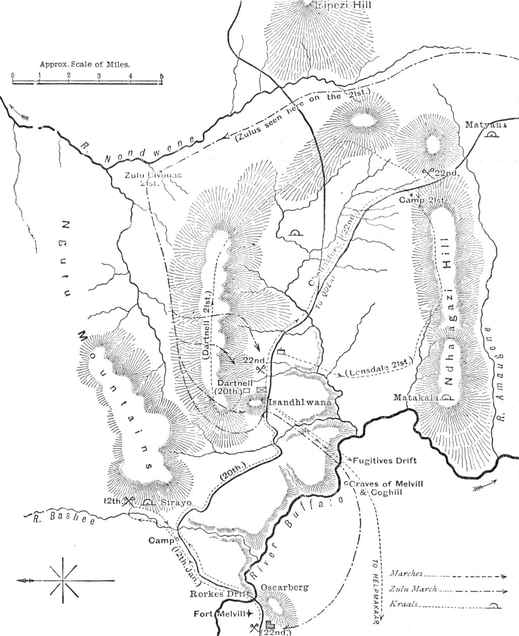 Plano das marchas perto de Isandhlwana entre 12 e 22 de janeiro de 1879, c1880 de Unbekannt